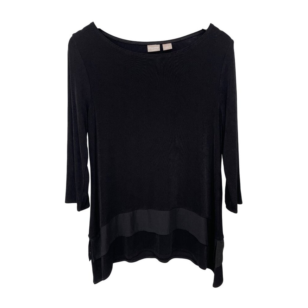 Chicos Travelers Top Size 8/10 Layered Hem 3/4 Sleeve Tunic Acetate Blend Black